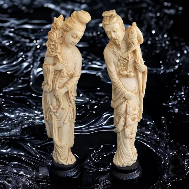 Asian Pair Hand Carved Figure Statue 13" Tall Made Italy Vintage Mid-Century