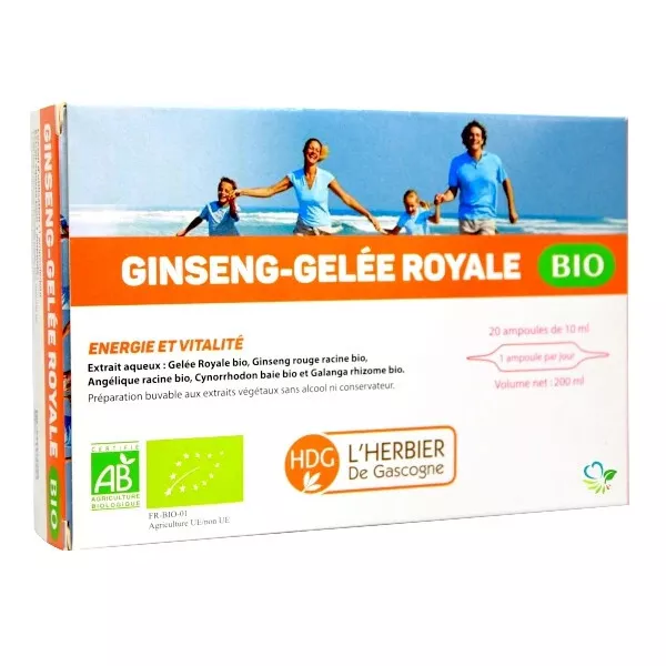Ginseng  Gelée royale Bio |  20 ampoules Bio de 10 ml sans OGM | 100% naturelle