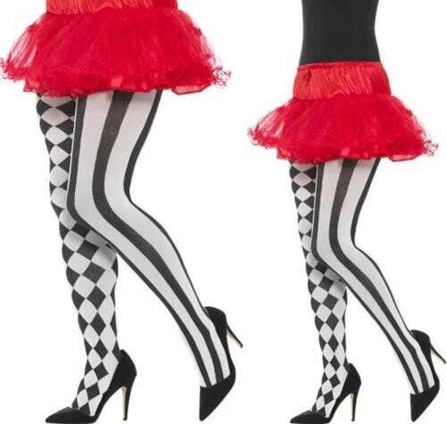 Ladies Black White Harlequin Tights Jester Halloween Fancy Dress Accessory