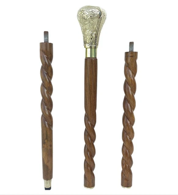 Antique solid brass Knob head Handle brown spiral Wooden Walking Cane Stick new