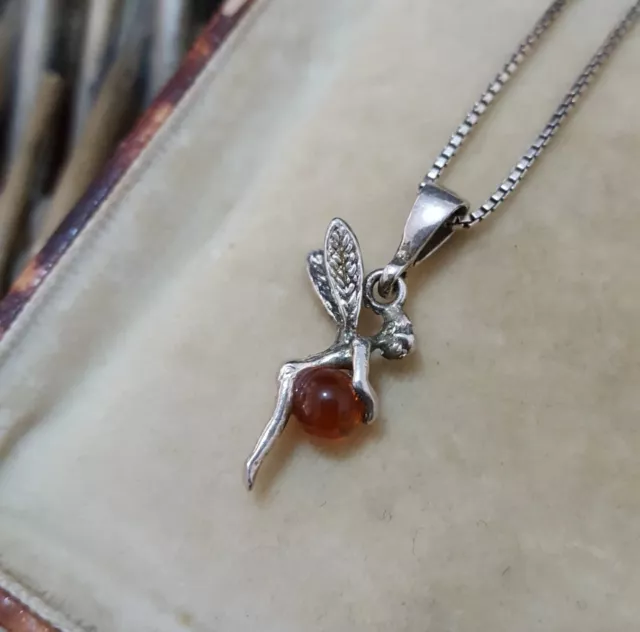 Vintage 925 Sterling Silver Necklace, Fairy Pendant, Baltic Amber Pendant