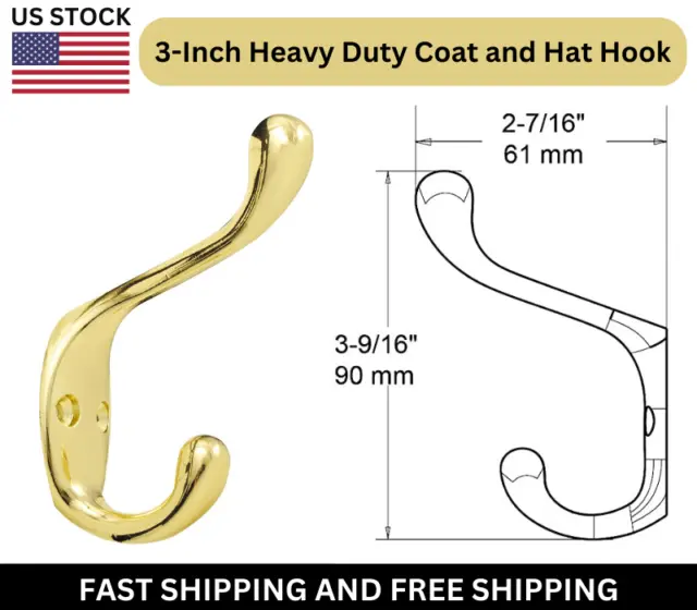 Heavy Duty Wall Mount Coat and Hat Hook, Polished Brass