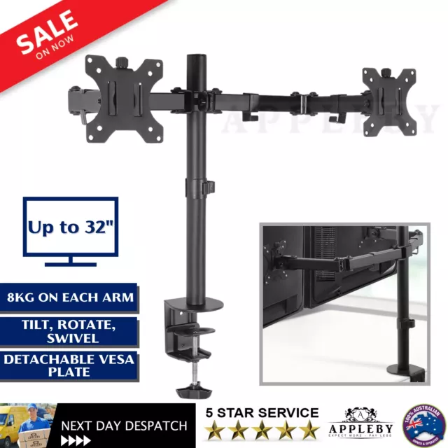 Double Monitor Arm Dual Stand Desk Mount 32'' HD LED TV Screen Holder Bracket