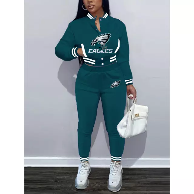 Philadelphia Eagles Womens Outfits Varsity Jacket Crop Tops Sweatpants Tracksuit