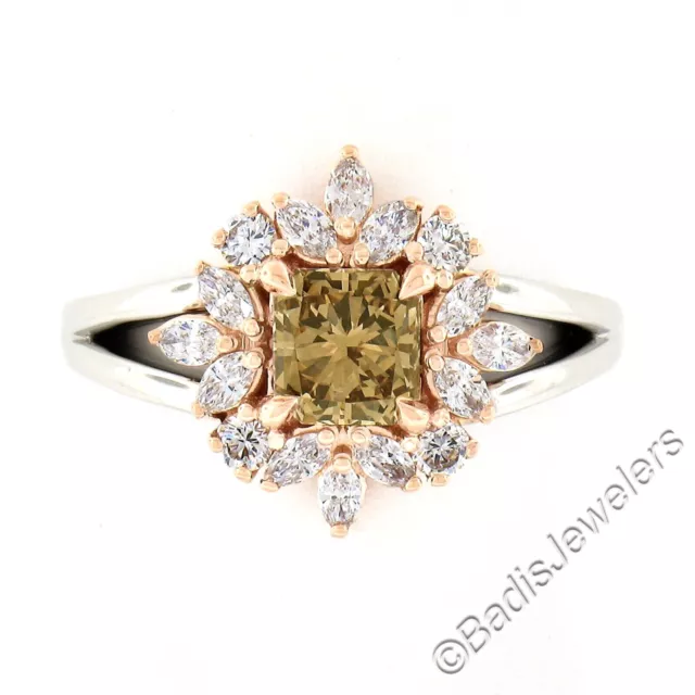 NEW Plat 14k Gold GIA Fancy Yellow Brown Solitaire w/ Marquise Diamond Halo Ring