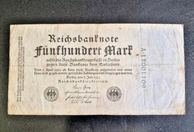 Geldschein Fünfhundert Mark Reichsbanknote 7. Juli  1922 Berlin Inflationsgeld