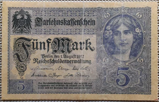 5 Mark Darlehenskassenschein, Geldschein Deutschland 1917, F- VF °
