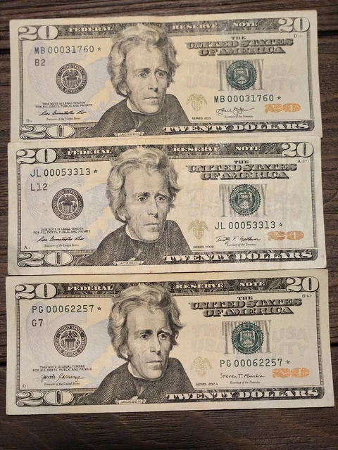 $60 Lot Of Very Low Digit Serial Star Note $20 Dollar Bills  Lot Of 3 Five Digit