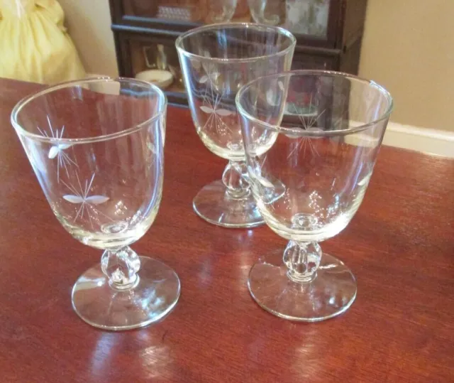3 Vintage Clear Glass Etched Water Goblets Libbey Glass Co Starglow 5 1/2"