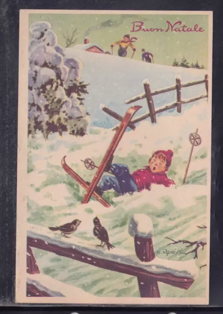 Cartolina Buon Natale Bambino Caduto dagli Sci illustratore Parisi Z1079