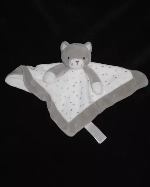 Doudou plat chat  OBAIBI OKAIDI blanc gris étoiles argentées argent Etat NEUF 3