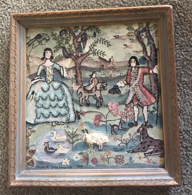 Vintage Artist painted Needlepoint Sampler 18th century couple sheep ducks horse