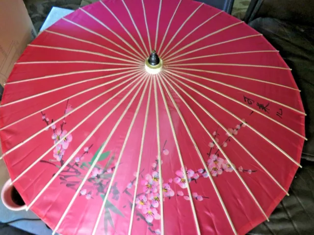 Vintage Japanese 37" Umbrella Oriental Wood Bamboo Parasol Hand Painted Flowers