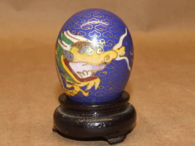 VTG Asian Chinese Blue Cloisonne Enamel w/ Dragon Display Egg 2.25" + Wood Stand