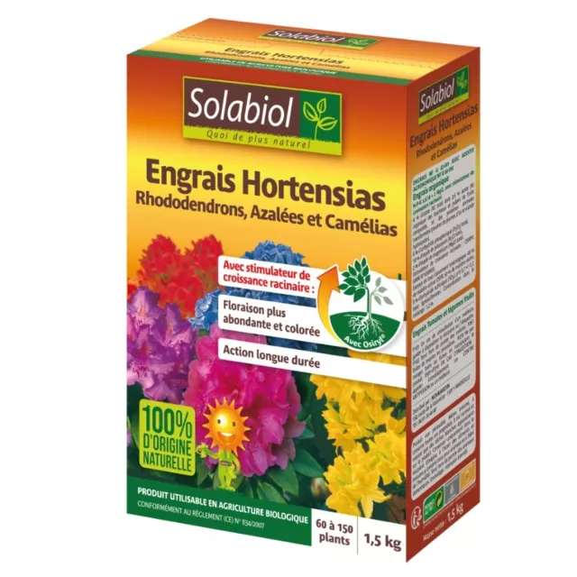 ENGRAIS HORTENSIA RHODODENDRON AZALÉE CAMÉLIA 1,5KG 60 à 150 plants SOLABIOL