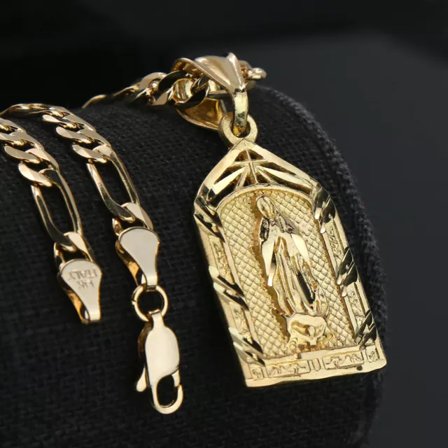 Virgin Mary Temple 14k Gold Plated Brass Pendant 24" Figaro Choker Chain