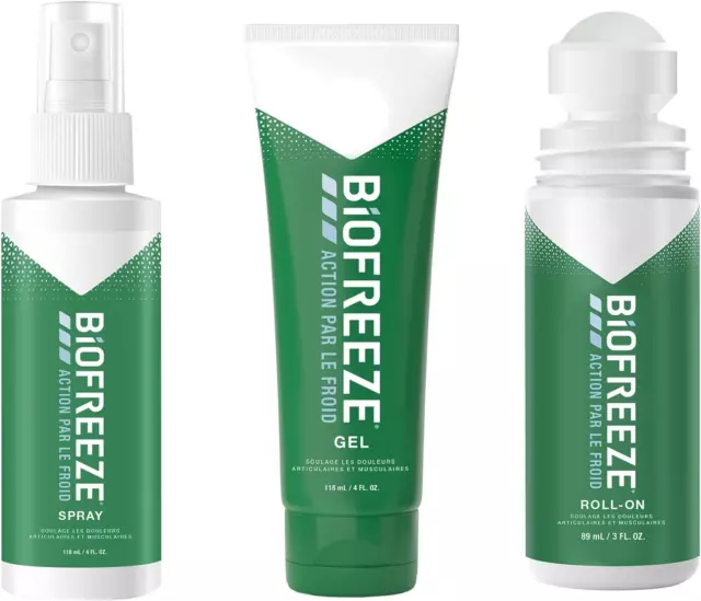 Biofreeze Lot De 1 Roll-On 89Ml, 1 Spray 118Ml & 1 Tube 118 Ml Action per Le Fro