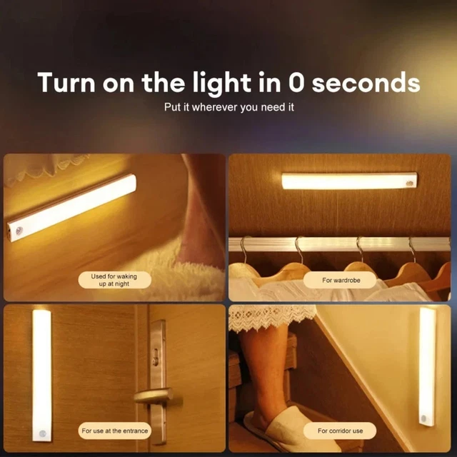 STRIP LIGHT LED PIR Motion Sensor Wireless USB Rechargeable Cabinet ...