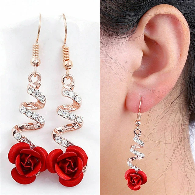 Boucles D'oreilles Pendantes Dorées Avec Strass Et Rose Rouge - Style Spiral