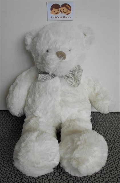 DOUDOU PELUCHE ATMOSPHERA For KIDS OURS CLASSIQUE BLANC NOEUD FLEURS 42 cm D1254