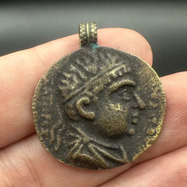 Wonderful rare ancient  Bactrian/Eastern roman  bronze very unique coin pendant