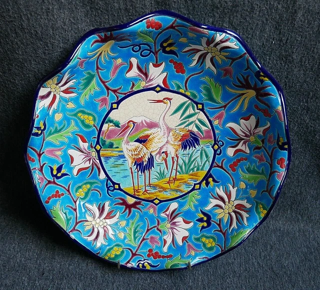 Grand Plat Asiatique Ancien 41cm – Bleu Et Blanc, Décor De Grues