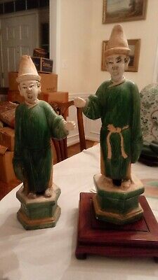 Pair Chinese Ming Dynasty Sancai Glazed Pottery Dignatary Tomb Figures -Wanli