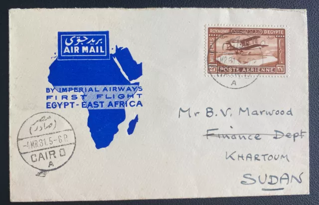 1931 Cairo Egypt First Flight Airmail Cover FFC To Sudan Imperial Airways