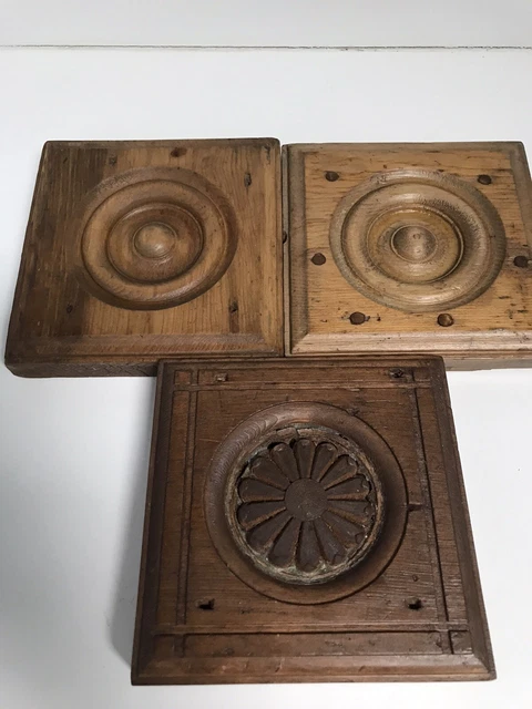Architectural Salvage Wood  Bullseye Rosette Door Window Frame Plinths Lot of 3