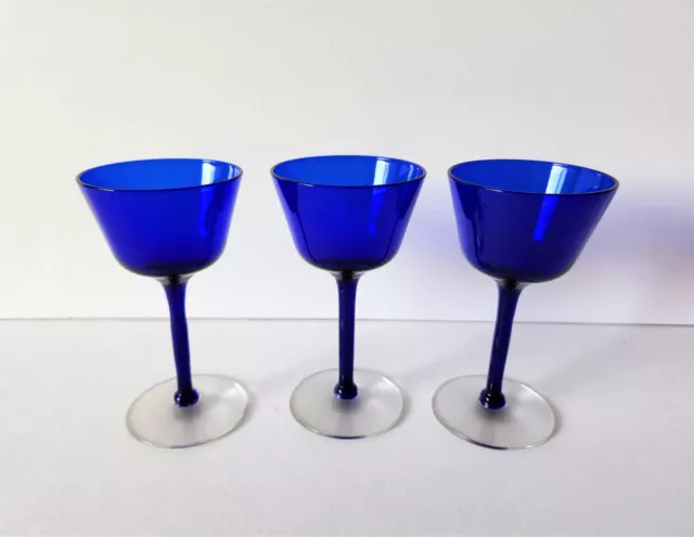 Vintage Cobalt Blue Wine Glasses Hand Blown Crystal Royal Blue Stemware Set Of 3