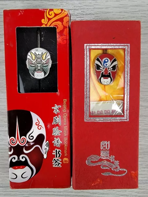 2 Chinese Opera Mask Bookmarks Enamel Cloisonne Metal Beijing Opera Gift Boxed