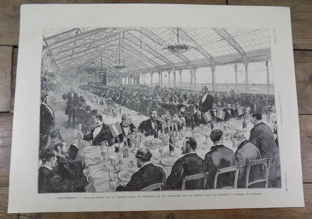 Gravure 1883, DUNKERQUE Banquet offert par M. DANEL Imprimerie Danel, Rosendael