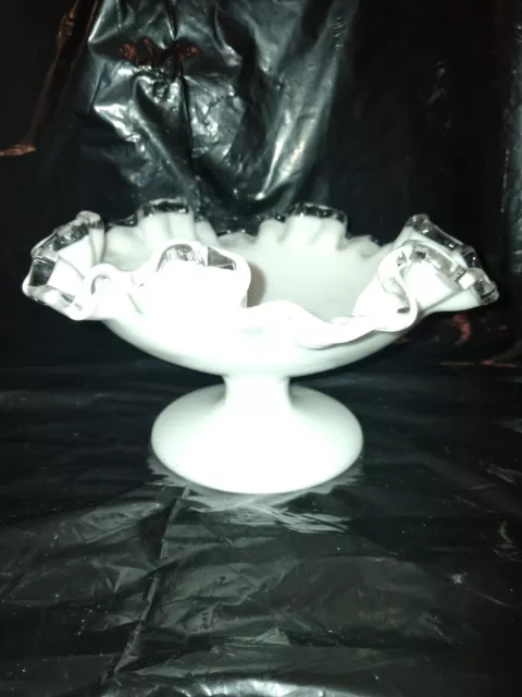 Vintage Fenton Art Glass Crimped Bowl Silver Crest 4" T Milk Glass Candy Dish