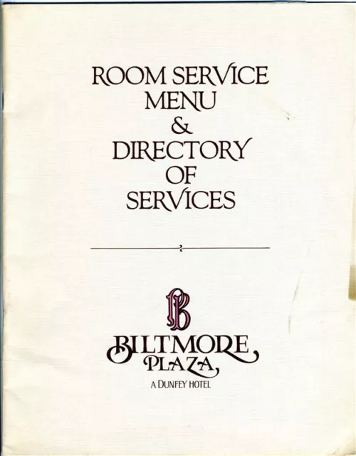 Biltmore Plaza Room Service Menu & Directory Providence Rhode Island 1980's