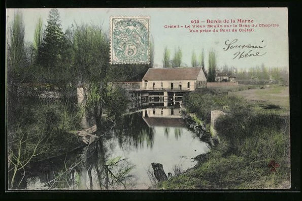 CPA Creteil, Le Vieux Moulin sur le Bras du Chapitre, Vue prise du Pont de Cret