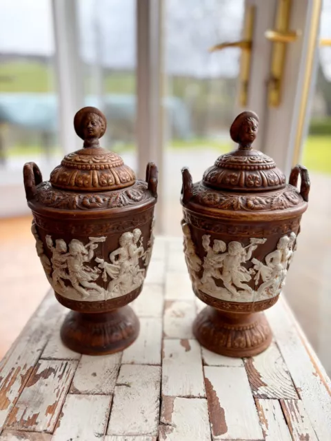 Antique Black Forest Harvest German Pottery Lidded Vases Urns