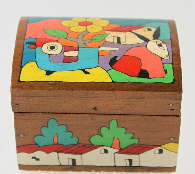 Vintage Small Wooden Chest Handpainted Hinged Lid Enamel Colors El Salvador Sign
