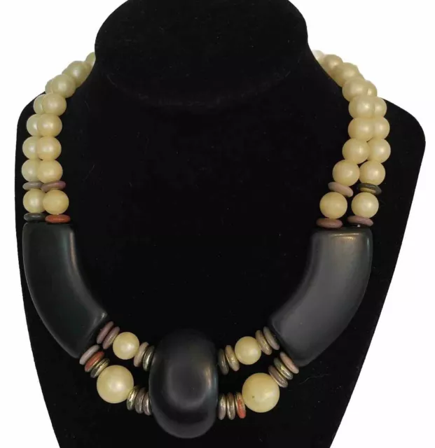 Vtg Chunky Ethnic Two Strand Glass Pearl Black Bead Acrylic Collar Bib Necklace