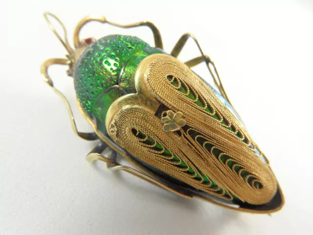 Antique 9 Ct Gold Large Scarab Beetle Brooch Pendant With Red Paste Eyes
