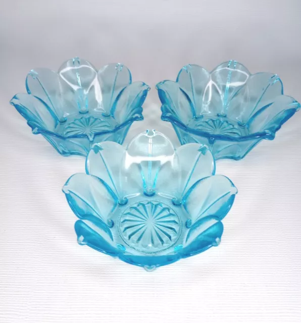 Blue Glass Floral 5" Candy Trinket Bowls Lot Of 3