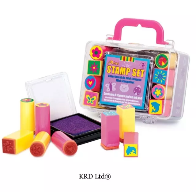Mini Stamp Set Kids 1 INK PAD + 8 STAMPS Preschool Toddler Art Craft Storage Kit
