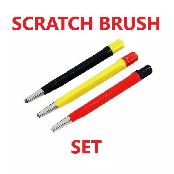 3pc SCRATCH BRUSH SET PEN STYLE  RUST DIRT REMOVAL TOOLS FIBREGLASS BRASS STEEL