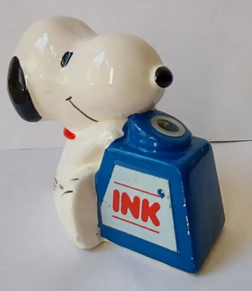 Vintage Snoopy & Ink Bottle Pen Holder Ceramic Figure Peanuts Schulz