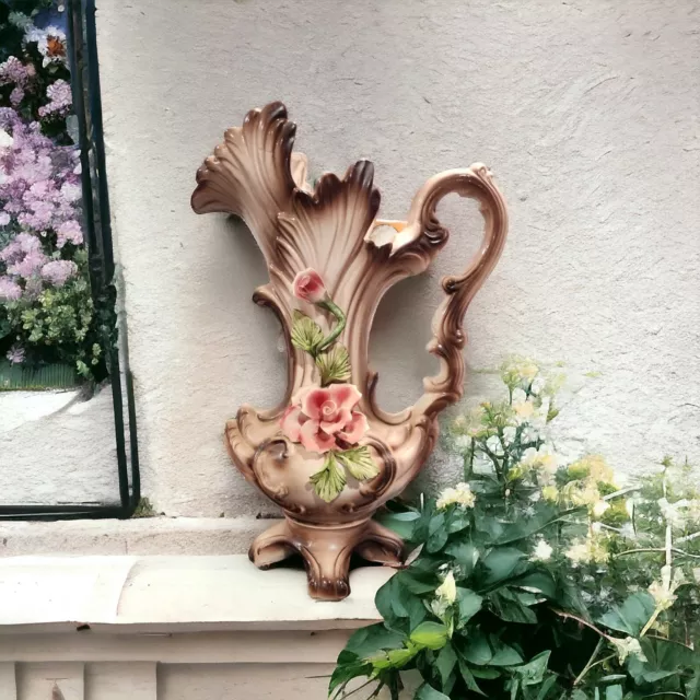 Vintage Capodimonte Porcelain Pitcher Vase with Handle - 18 Inches Tall 