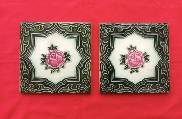 2 Piece Old Art Deco Flower Design Embossed Majolica Ceramic Tiles Japan 0167 3