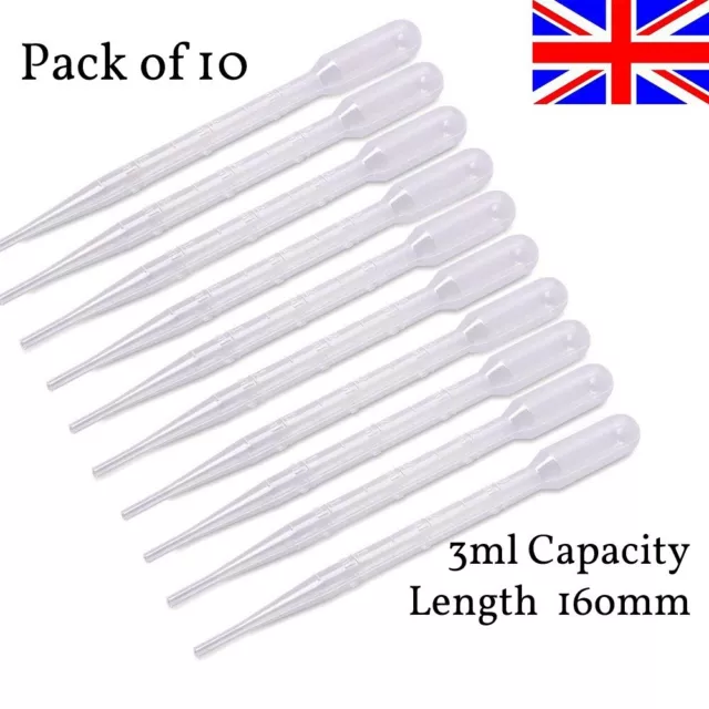 10 x PLASTIC PIPETTES. 6" Long Graduated Liquid Transfer Pipettes. 3ml. UK