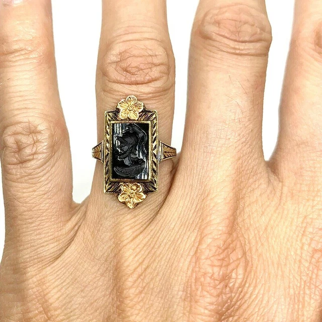 Bague Camée Victorienne En Or 14K - Taille 6 - Période Belle Époque C.1880 - Antique