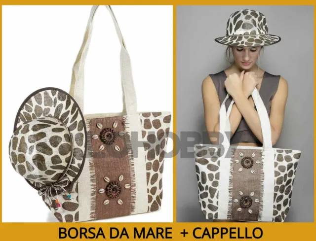 BORSA donna DA MARE grande + CAPPELLO leopardata SPIAGGIA borsone BORSE shopper