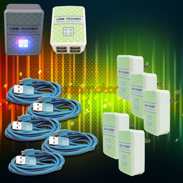5X 4 Usb Ports Wall Adapter+10Ft Cable Power Charger Data Aqua Galaxy Note Nexus