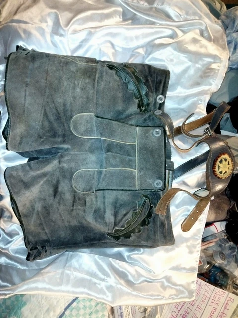Vintage German Austrian Gray Suede Leather Lederhosen Green Trim